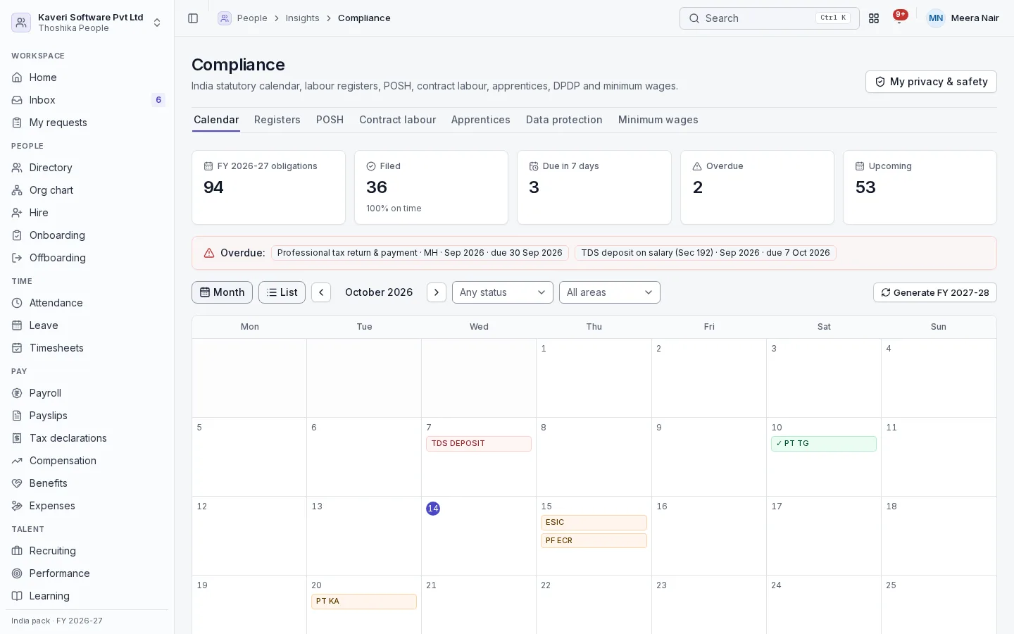 Statutory compliance calendar with PF, ESI, TDS and PT filings