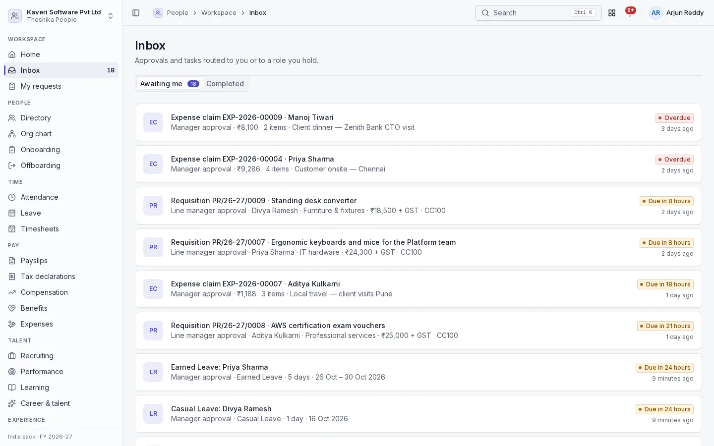 Inbox showing pending approvals
