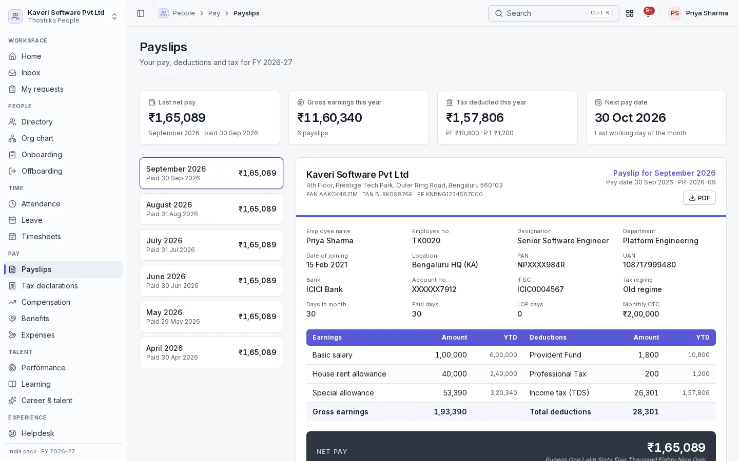 A Thoshika payslip with earnings, deductions, TDS projection and year-to-date totals
